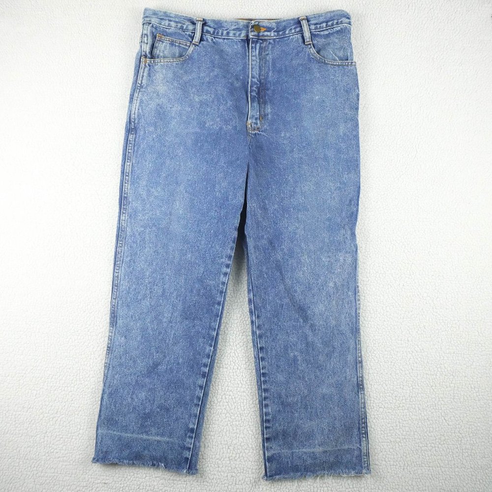 Vintage Blue Jeans Womens 14 Baggy Boxy Raw Hem Cropped Heavyweight Denim 80s